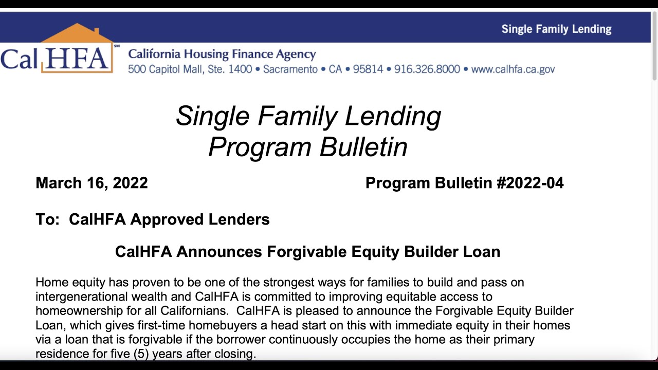 Equity Builder Loan (CALHFA) YouTube